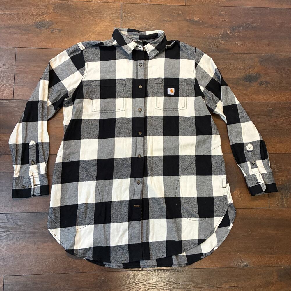 Carhartt Black White Plaid Rugged Flex Flannel Shirt Relaxed Top Women's Size XL